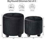 Big Round Ottoman with Storage Set of 2-Upholstered Velvet Vanity Stool for Makeup Multifunctional Foot Rest Coffee Table Padded Seat Tufted Ottomans for Living Room&Bedroom (Big Black)