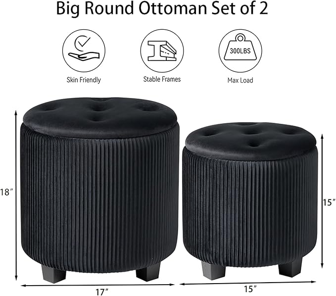 Big Round Ottoman with Storage Set of 2-Upholstered Velvet Vanity Stool for Makeup Multifunctional Foot Rest Coffee Table Padded Seat Tufted Ottomans for Living Room&Bedroom (Big Black)