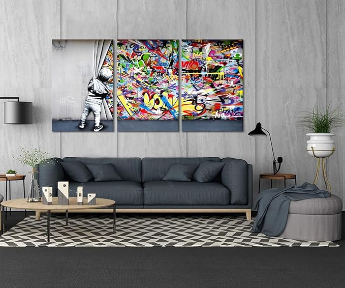 Novatique Graffiti Canvas Wall Art Banksy Wall Art Modern Pop Behind the Curtain Graffiti Painting Canvas Print for Living Room Bedroom, 24"x 36"x 3Pcs