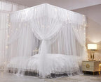 VETHIN 4 Corners Post Ruffle Princess Bed Canopy Curtain-Double Layer Cozy Drape Netting 4 Opening Mosquito Net for Girls Adults Bedroom Decoration (White/White, 64" W*82" L*82"*H/(Queen))