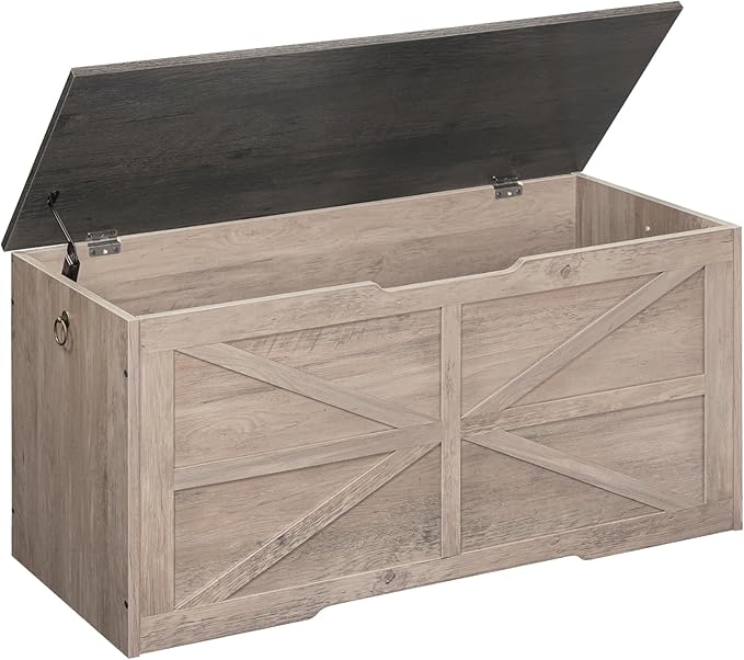 Storage Chest, 39.4" Wooden Storage Trunk, Retro Storage Bench with Safety Hinge, Toy Chest Storage, Farmhouse Style, for Bedroom, Living Room, Charcoal Gray and Greige MCW10HC