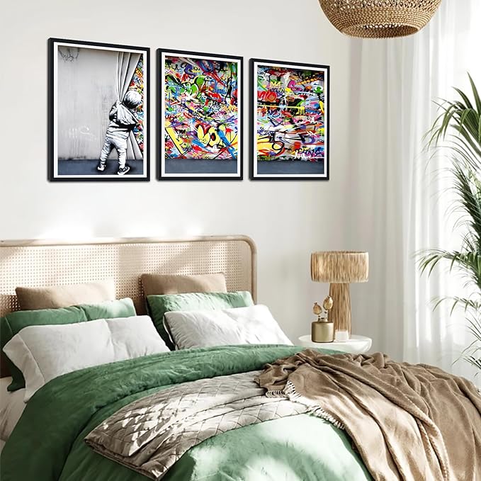 Novatique Graffiti Wall Art Colorful Banksy Wall Art Behind the Curtain Street Art Canvas Print Framed for Living Room Bedroom,12" x 16" x 3Pcs