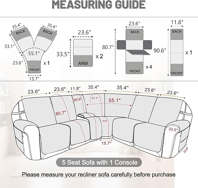 Reclining Sectional Couch Covers 100% Waterproof Velvet L Shape Recliner Couch Covers for Sofa Pets Washable Anti Slip Recliner Slipcovers with Pockets (5 Seat Sofa with 1 Console, Light Tan)