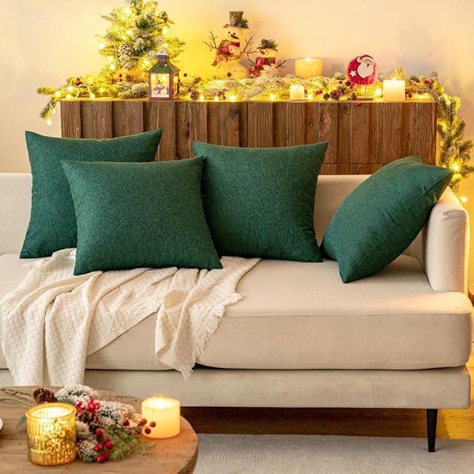 MIULEE Pack of 2 Decorative Outdoor Solid Waterproof Throw Pillow Covers Christmas Faux Linen Garden Farmhouse Cushion Cases for Patio Tent Balcony Couch Sofa 18x18 Inch Emerald Green