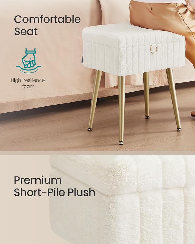 SONGMICS Vanity Stool Chair with Storage, Makeup Stool, Footrest Footstool Ottoman, Metal Legs, Adjustable Feet, for Living Room, Bedroom, Makeup Room, Cream White ULOM505WZ02
