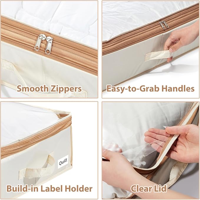 Under Bed Storage Container with Double Zippers, Foldable Oxford Fabric Organizer with Clear Top, Hard-Sided, Compressible Clothes & Blanket Bin, 32x16x11.4 Inch (3 Pack, Beige)