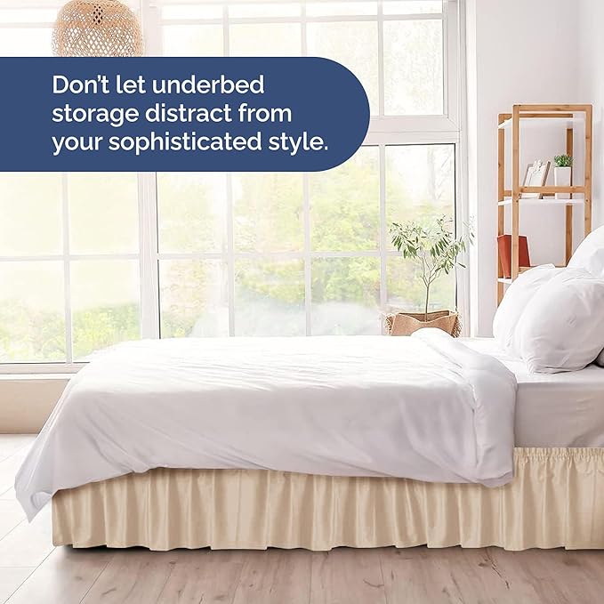 Wrap Around Dust Ruffle Bed Skirt - Cream - for Queen Size Beds with 21 Inch Drop - Easy Fit Elastic Strap - Adjustable Pleated Bedskirt w/Brushed Fabric - Wrinkle Free - for Women, Men, Kids & Teens