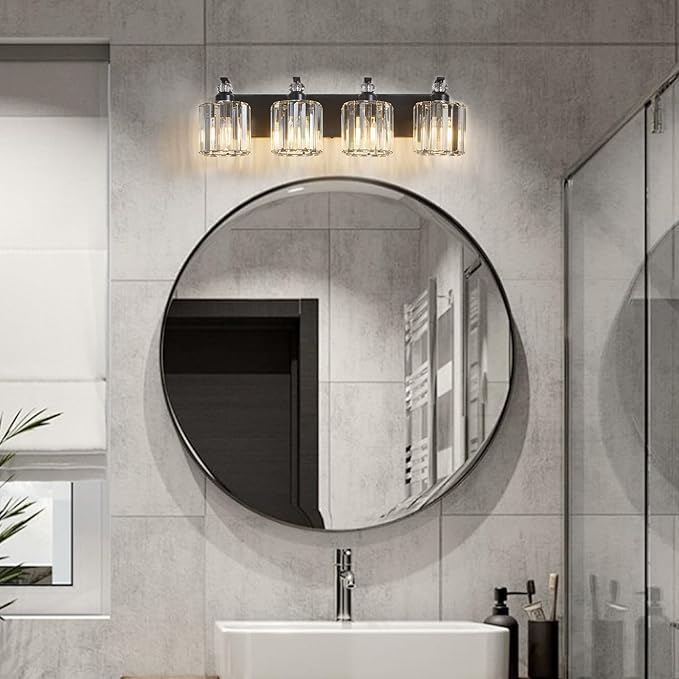 4-Light Black Bathroom Light Fixture Modern Vanity Lights Over Mirror Vintage Wall Sconce Lighting for Bathroom, Bedroom, Living Room, Hallway E26 Base with Crystal Bathroom Vanity Light