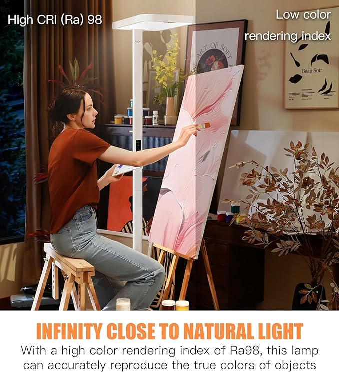 Pure Light Floor Lamp 9500LM Full Spectrum, 4000K Natural Daylight Eye-Care Reading Light, Dimmable 100W Standing Lamp with Motion Sensor for Home Office, 60000+ Hours