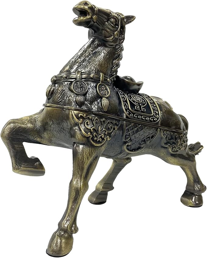 Metal Ornament Galloping Horse Statue Classic Bronze Finish Luxury Home Decor Multi Functional Sculpture for Living Room Office Desk Feng Shui Art with Set of 5 Lucky Charm Ancient Coins (D4 Brass)