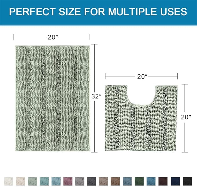 H.VERSAILTEX Bathroom Rugs Bath Rug Set 2 Piece Bathroom Contour Rug Toilet Mat Sets Non Slip Contour Bath Rug Ultra Thick Water Absorbent Striped Bath Mats Washable(20" x 32" Plus 20" x 20" U, Sage)