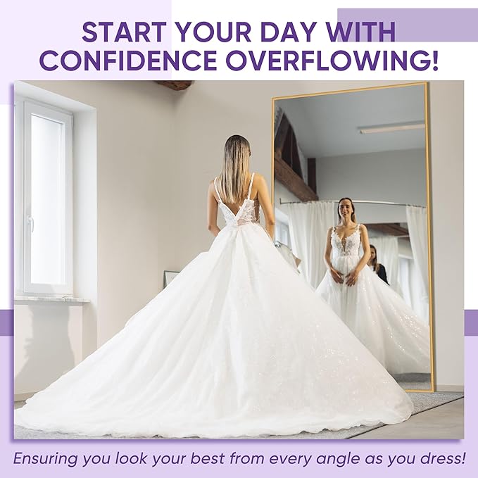 Full Length Mirror, 72"x44" Floor Mirror Freestanding, Oversized Floor Standing Full Body Mirror with Stand for Bedroom, Hanging Mounted for Living Room Cloakroom, Gold, Rect