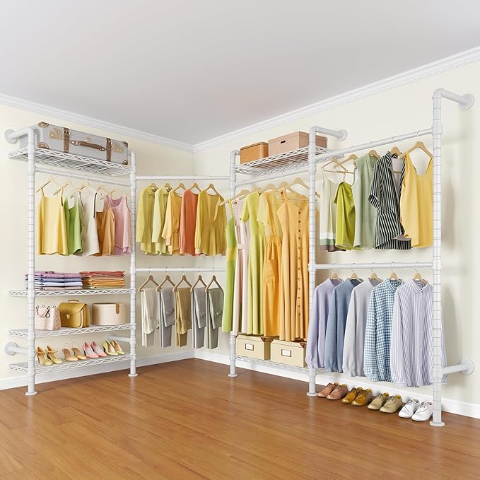 Timate L4 L Shape Garment Rack Heavy Duty Clothes Racks for Hanging Clothes, Expandable Industrial Pipe Clothing Rack Wall Mounted Closet Organizer Large Wardrobe Closet Kit Corner Closet System White