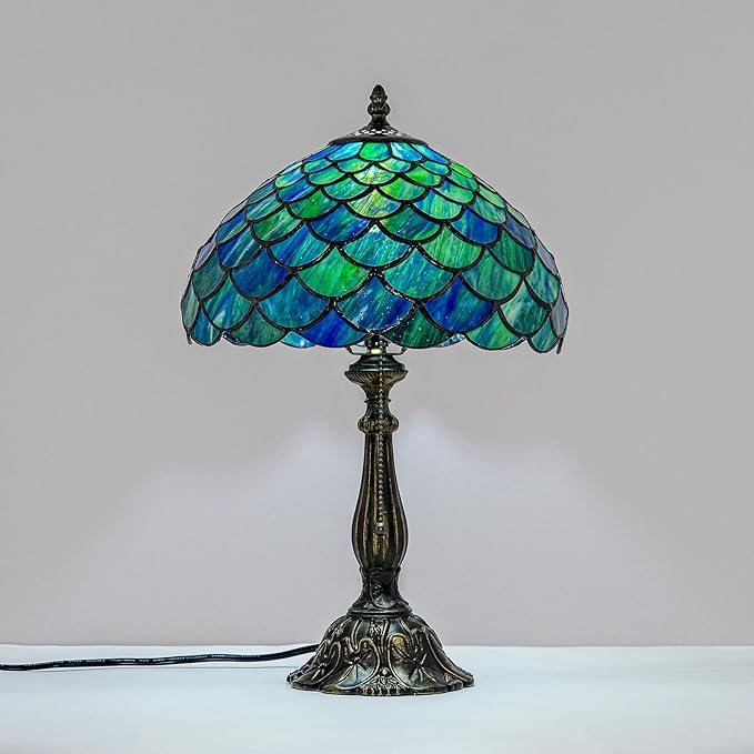 Tiffany Style Table Lamp Vintage Stained Glass Desk Lamp Sea Blue Fish Scales Bedside Reading Light Decor Bedroom Living Room Home Office D12 xH18