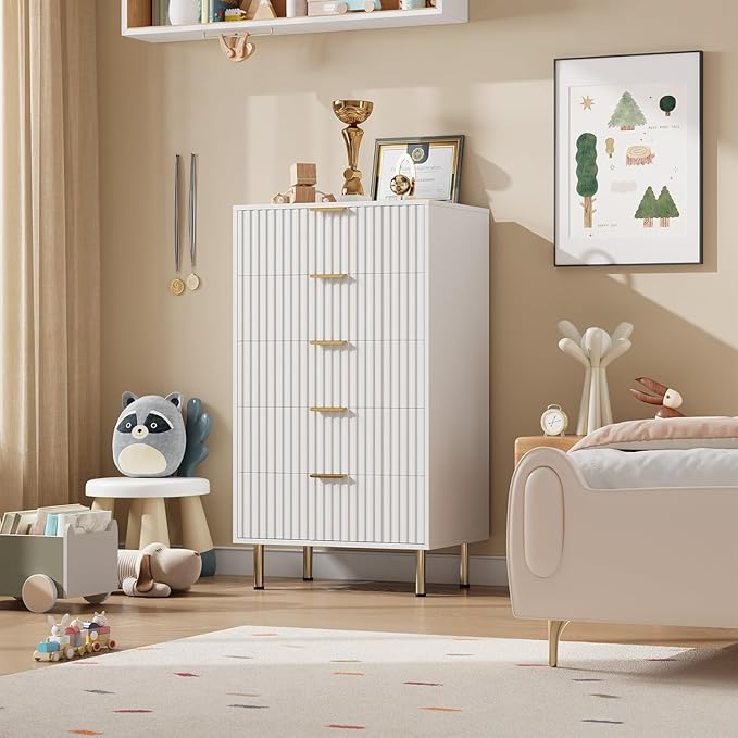 GarveeHome Fluted 5 Drawer Dresser for Bedroom, 48 in Tall Modern Chest of Drawers with Deep Drawers and Wide Top, Wooden Dresser Organizer for Living Room, Hallway, Kids Room, White