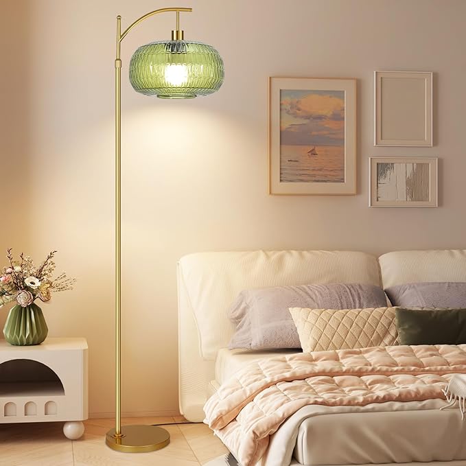 Glass Floor Lamp for Living Room,Bedroom,Gold Dimmable Standing Lamp with Remote,Green Mid Century Modern Brass Vintage Tall Lamp Floor Lamps Arc Boho Floor Light Lamp Bohemian