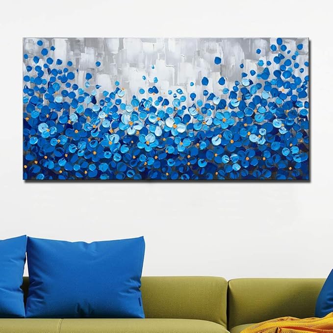 MyArton Large Textured Blue Flowers Canvas Wall Art Hand Painted Modern Decoration Oil Painting Picture Framed Ready to Hang 60x30inch