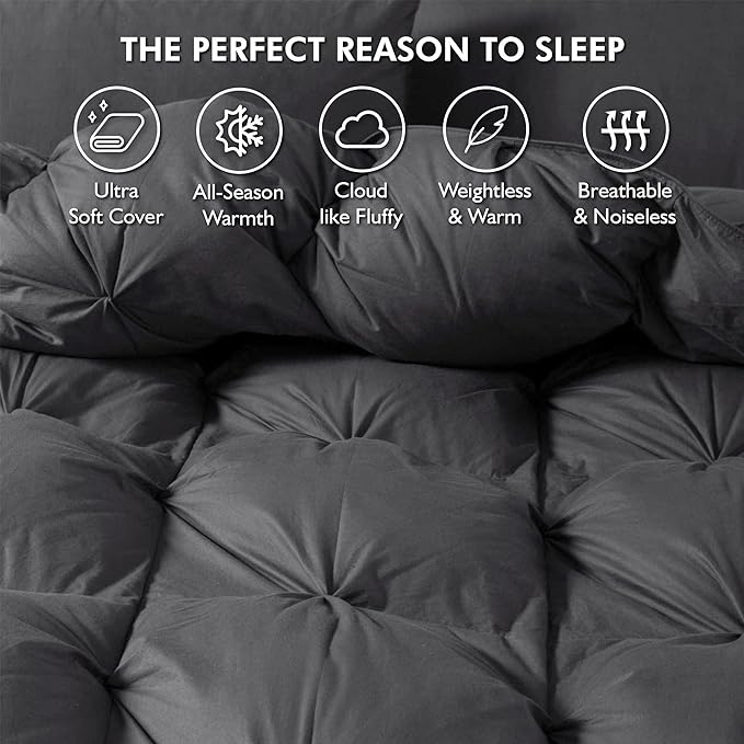 Luxurious Goose Down Feather Fiber Comforter Palatial King Size Duvet Insert, Pinch Pleat Ruffled Twisted Flower, 120 x 98 inches, 100% Egyptian Cotton Cover, 85 oz. Fill Weight, Gray