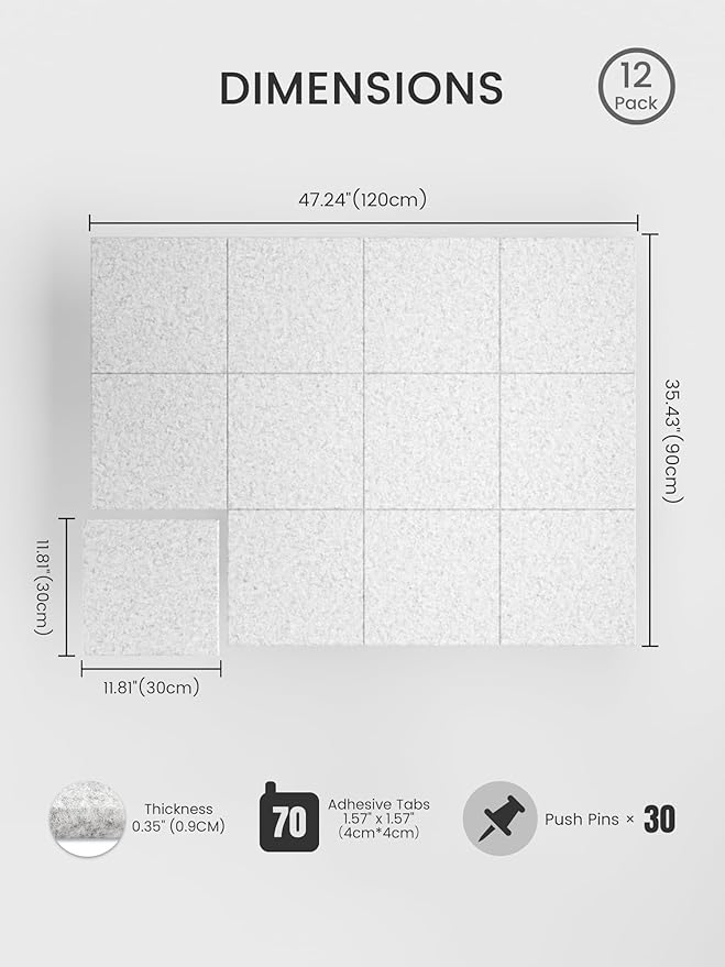 Bumusty Large Cork Board 48" x 36" Alternative - 12 Pack Felt Wall Tiles with 70 Safe Removable Adhesive Tabs, 30 Pushpins, Cork Boards for Walls Pin Board Bulletin Board Office Decor (Light Gray)