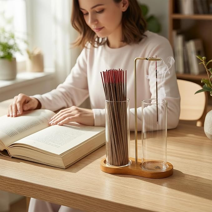 Incense Holder, 2-in-1 Wooden Incense Holder for Sticks with Glass Ash Catcher, Anti-ash Incense Burner for Meditation Yoga Spa Room Decor