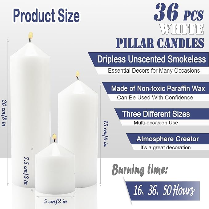 36 Pcs White Pillar Candles Bulk Set，2x3 2x6 2x8 Inch - 12 Each Size，Hurricane Candles，Dripless Unscented Smokeless，Gives You a Better Atmosphere When Organizing an Event Party.
