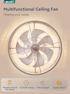 LEDIARY 22 inch Caged Ceiling Fan with Light, Bladeless Industrial Ceiling Fan with Remote, Farmhouse Fan Lights Ceiling Fixtures for Kitchen, Bedroom, Outdoor（6 Speed, Timing）-White and Gold