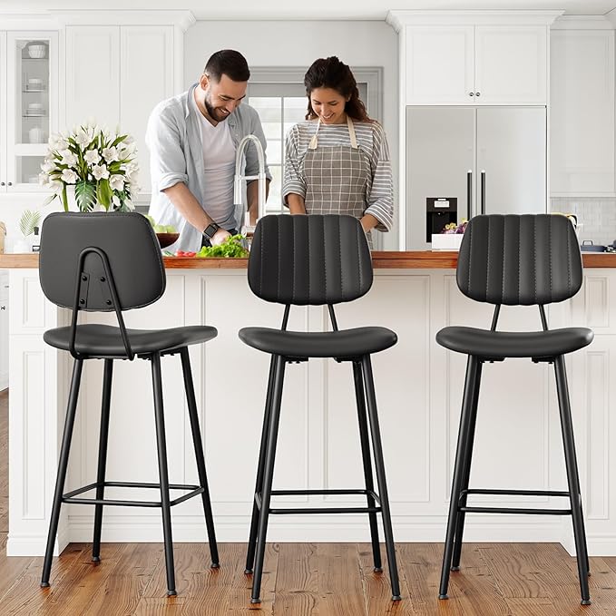 29-Inch Leather Bar Stools Set of 3, Counter Height Barstools with High Backrest，Bar Chairs for Kitchen Island with Heavy Duty Metal Legs, Black