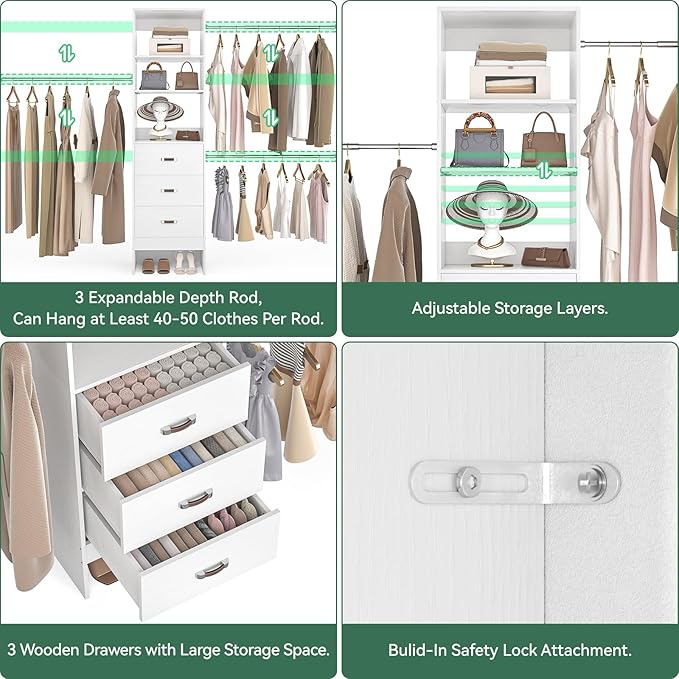96'' Closet Organizer System with 3 Hanging Rods, 8FT Closet Organizers and Storage with 3 Wooden Drawers, Built in Closet Organizer Systems, Adjustable Walk-in Wardrobe from 5-8FT, White