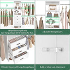 96'' Closet Organizer System with 3 Hanging Rods, 8FT Closet Organizers and Storage with 3 Wooden Drawers, Built in Closet Organizer Systems, Adjustable Walk-in Wardrobe from 5-8FT, White