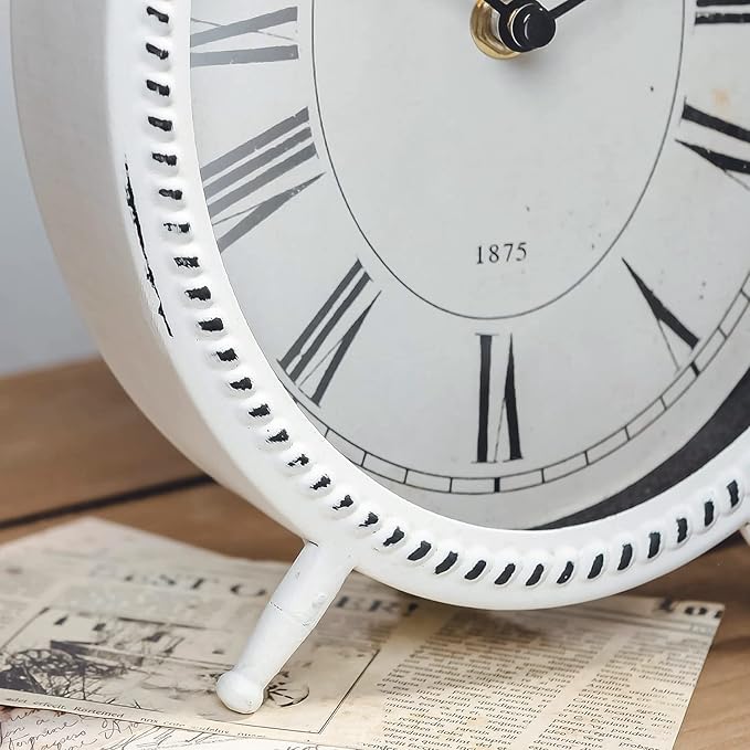 NIKKY HOME Vintage Table Clock, Metal White Table Clock Retro Non-Ticking Desk Clock Battery Operated Antique Non-Alarm Clocks for Bedroom Living Room Indoor Decoration
