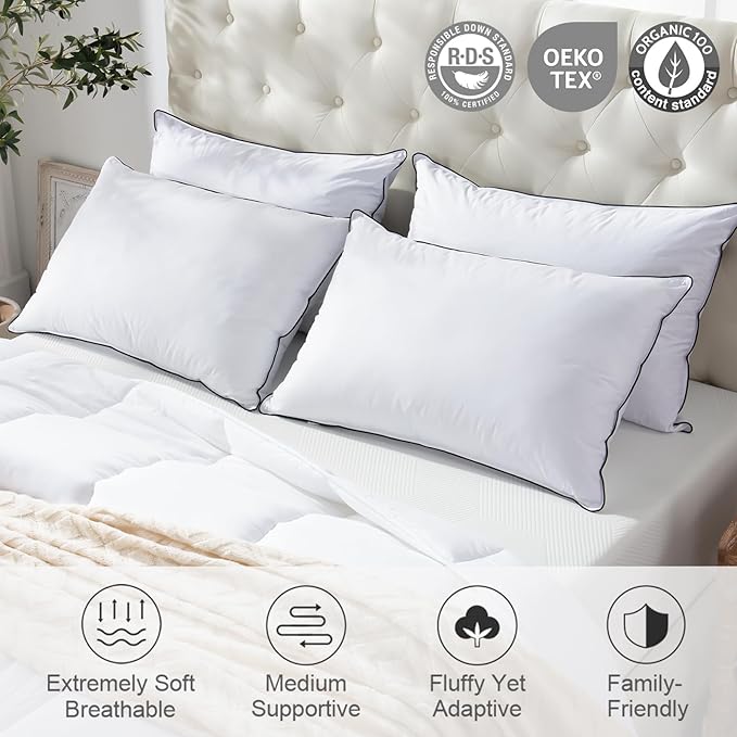 APSMILE Medium Firm Feathers Down/Poly Pillow Standard Size Pack of 1, Luxury Feather Pillow for Sleeping, 100% Organic Cotton Cover Hotel Collection Bed Pillows (White, 20"x26")