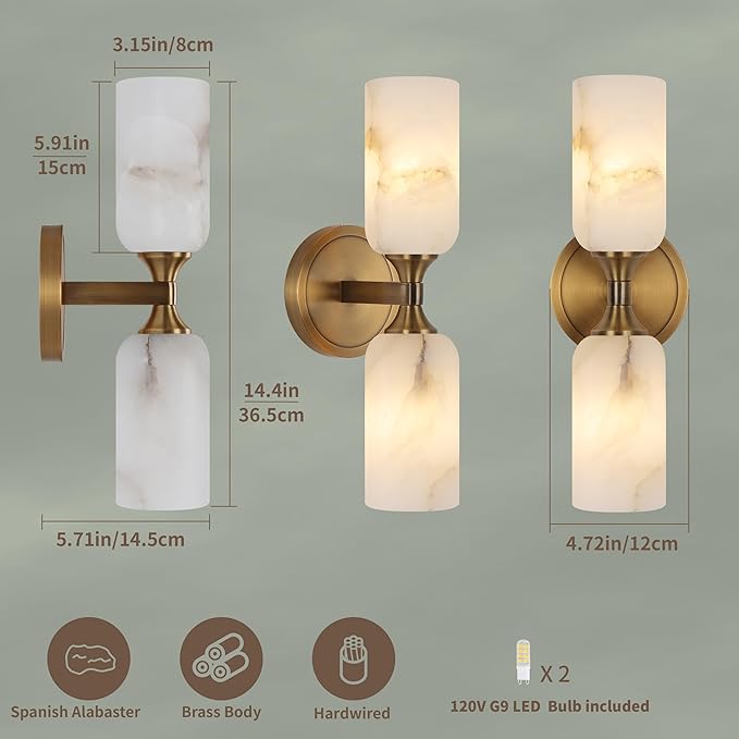 14.4in Alabaster Wall Sconce, Gold Sconces with Spanish Marble, Modern Brass Wall Mounted Lamp, Hardwired LED Wall Lighting for Bathroom Bedroom Living Room Staircase Hallway Dining Room