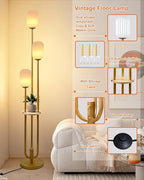 Lightdot Gold Dimmable Floor Lamp with Shelf, Modern Floor Lamps with Oval Striped Lampshade 3000K Bulb Included 3-Lights Candle Holder Style Tall Lamp for Living Room/Bedroom/Sofa Beside/Corner Decor