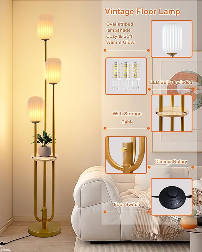 Lightdot Gold Dimmable Floor Lamp with Shelf, Modern Floor Lamps with Oval Striped Lampshade 3000K Bulb Included 3-Lights Candle Holder Style Tall Lamp for Living Room/Bedroom/Sofa Beside/Corner Decor