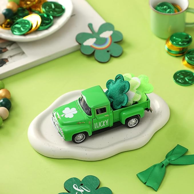 St. Patrick's Day Decorations for Home - Decor for Tiered Tray Metal Farm Truck with 3 Shamrocks Saint Patricks Day Vintage Diecast Pickup Truck Model for Shelf Table Centerpiece Décor 4.8inch