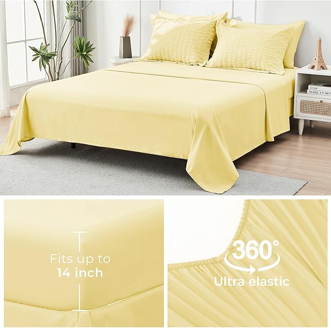 HYMOKEGE Yellow California King Comforter Set Seersucker 7 Pieces, All Season Luxury Bed in a Bag for Bedroom, Bedding Set with Comforter, Sheets, Pillowcases & Shams