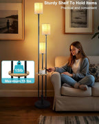 Lightdot 64Inch Floor Lamp with Table Dimmable Black Floor Lamp for Living Room 3 Lights Mid Century Modern Tall Standing Lamp with Fabric Shade for Bedroom/Sofa Beside/Corner Decor(Bulbs Included