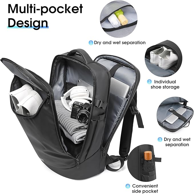 Travel Backpack for Men, Carry on Backpack Luggage 30L Flight Approved Water-resistant Lightweight Business Backpack Fits 17.3 Inch Laptop with Shoes Compartment, Black