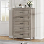 5 Drawer Dresser for Bedroom - Farmhouse 44.9" Tall Chest of Dresser with Large Storage, Rubst Wood Construction for Living Room, Hallway & Entryway - Gray