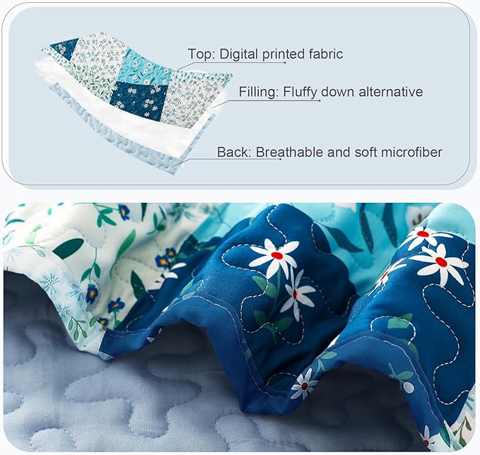 Whale Flotilla Patchwork Quilts Queen Size, Extra Soft Boho Floral Bedspreads for Bed Reversible Lightweight Full Queen Quilt Bedding Set Printed Coverlets with 2 Pillow Shams for All Seasons, Blue