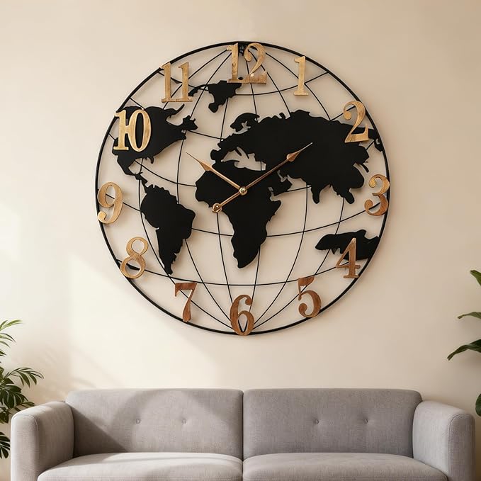 World Map Wall Clock, Black and Gold Vintage Luxury with Metal Frame, Retro Geographic Art for Living Room, Study, Travel Theme Decor, 32 Inch