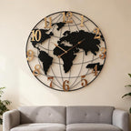 World Map Wall Clock, Black and Gold Vintage Luxury with Metal Frame, Retro Geographic Art for Living Room, Study, Travel Theme Decor, 36 Inch