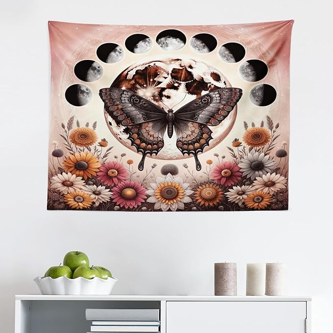 Ambesonne Boho Tapestry, Springtime Butterfly Art with Delicate Floral Garden and Dreamy Moon Circle, Fabric Wall Hanging Decor for Bedroom Living Room Dorm, 28" X 23", Pale Ruby Dark Taupe