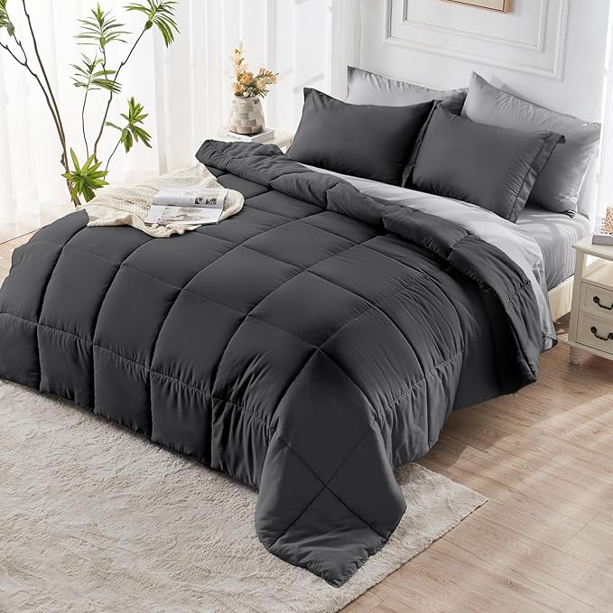 JOLLYVOGUE Twin Comforter Set, Ultra-Soft Bed in a Bag Twin Size 5 Pieces, Oeko-TEX Certified Bedding Set with Down Alternative Comforter, Sheets, Pillowcases & Shams, Dark & Light Grey
