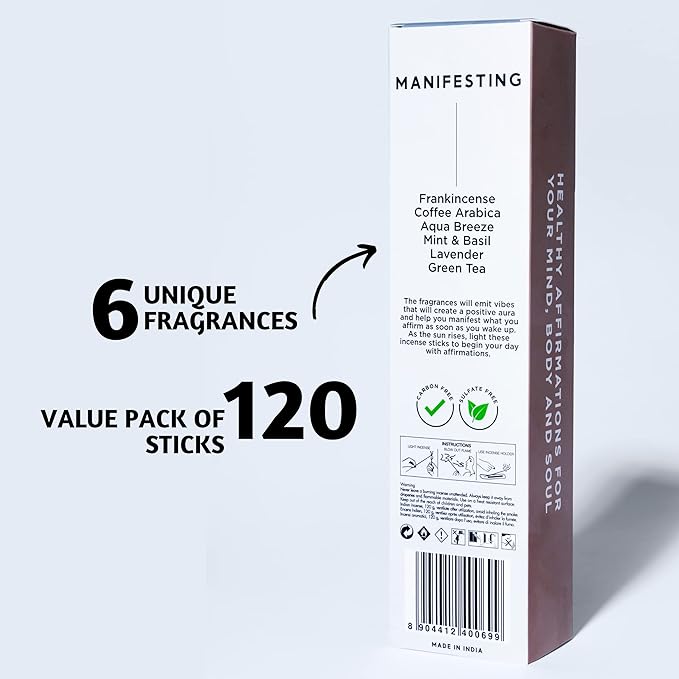 Folkulture Incense Sticks (120 Sticks) | Set of 6 Premium Incense For Manifesting, Aromatherapy, Gifts | No Charcoal,Organic, Non Toxic, 45 Mins, Long Burning Frankincense, Coffee, Mint Insence-Sticks