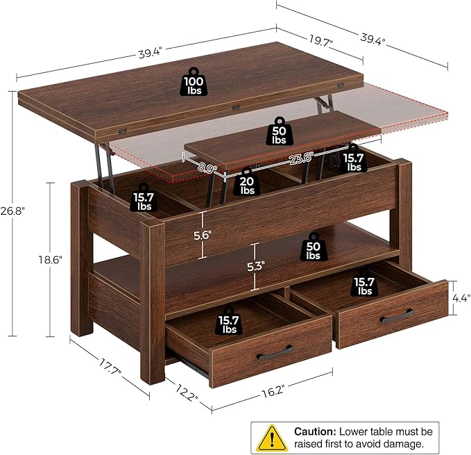 Rolanstar Coffee Table Lift Top, Multi-Function Convertible Coffee Table with Drawers and Hidden Compartment, Converts to Dining Table for Living Room, Home Office,Espresso