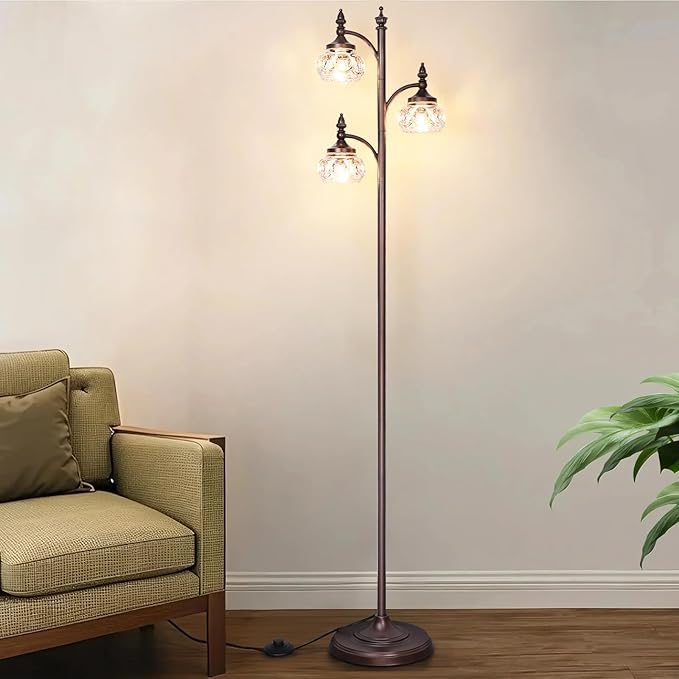 Brown Glass Floor Lamps for Living Room 66.5'' Standing Lamp with 3 Brightness Lights Vintage Mid Century Modern Pole Bronze Tree Lamp for Bedroom Office(3LED Bulbs Included)