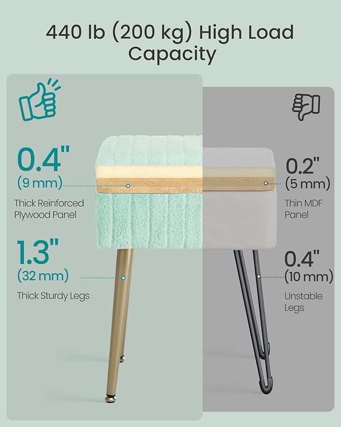 SONGMICS Vanity Stool Chair with Storage, Makeup Stool, Footrest Footstool Ottoman, Metal Legs, Adjustable Feet, for Living Room, Bedroom, Makeup Room, Moonlight Green ULOM505CZ02