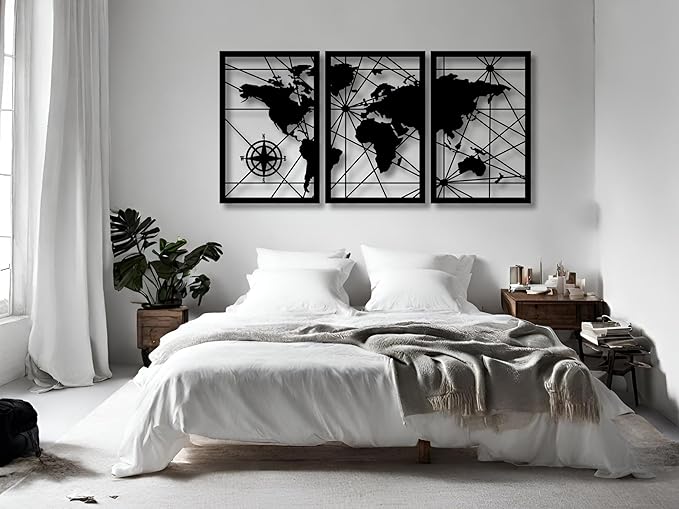 VAILLA World Map Wood Wall Art Decor Large Hanging Sculpture Modern Home Decoration Large Set of 3 Panels Map Wallart Botanical Wall Hangings Wooden Wall Arr 3D Textured Sculptures for Living Room Bedroom Office Dinnig Room