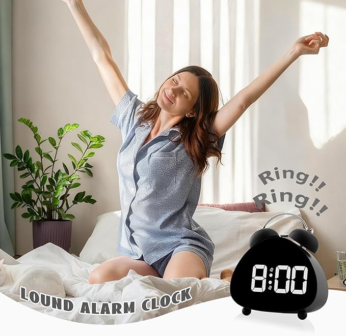 Twin Bell Alarm Clock, Cute Triangle Digital Alarm Clock, Bedside Loud Alarm Clocks for Heavy Sleepers Adults, Silent Desk Clock Battery Operated, Small Table Clock for Bedroom Living Room (Black)